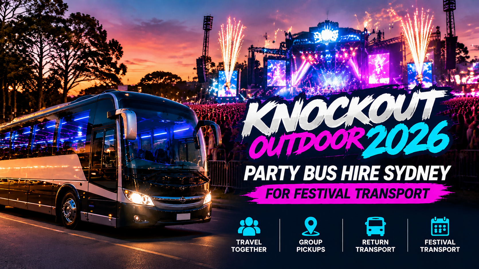 Knockout Outdoor Party Bus Hire Sydney for Festival Transport